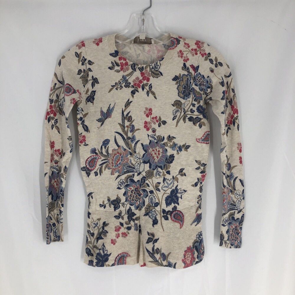 Loft Crew Neck Sweater Womens XXSP Beige Floral Cotton Cottage Spring